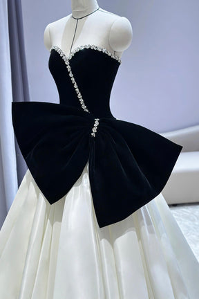 Black Velvet and White Long Prom Dress, A-Line Sweetheart Neck Party Dress