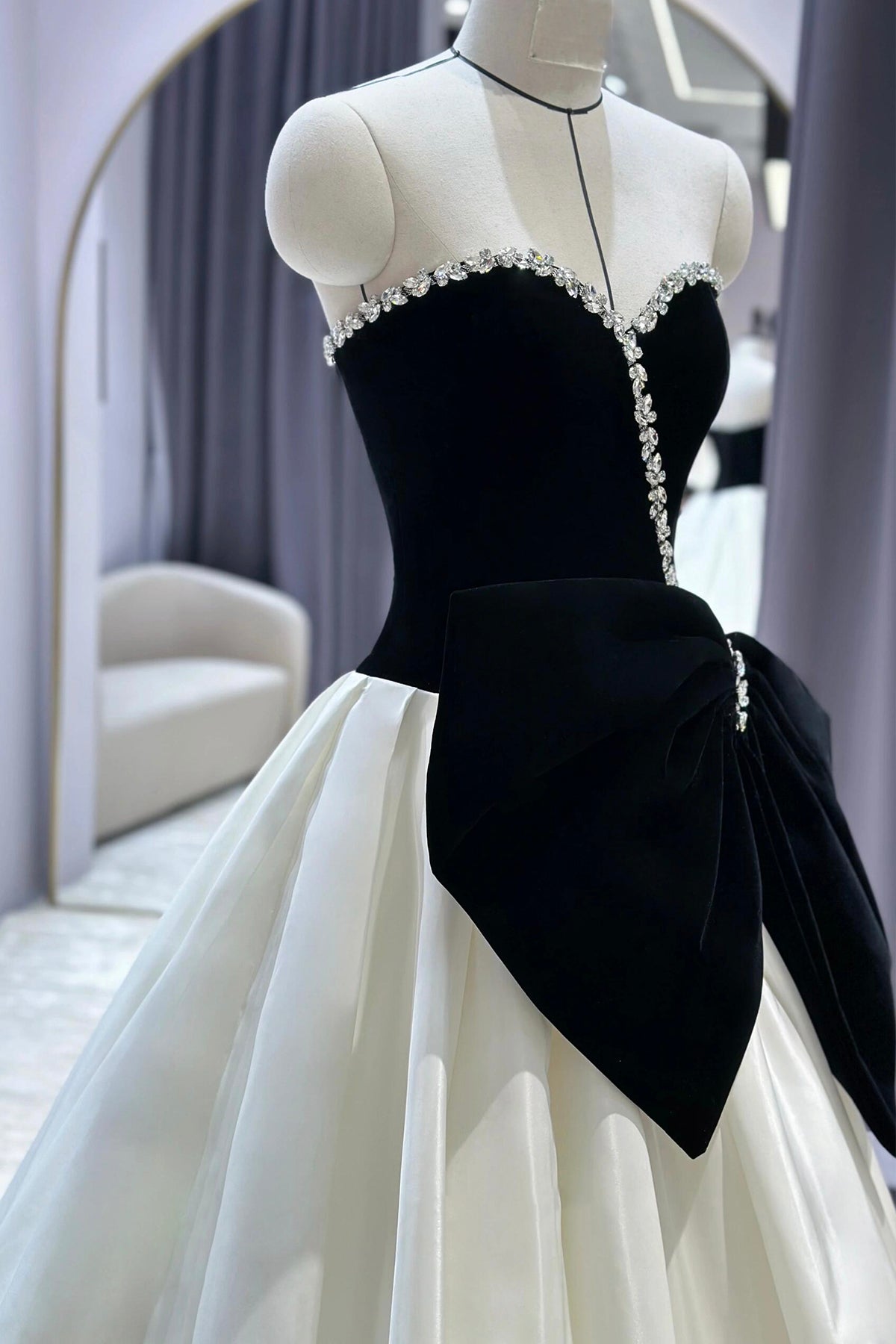 Black Velvet and White Long Prom Dress, A-Line Sweetheart Neck Party Dress