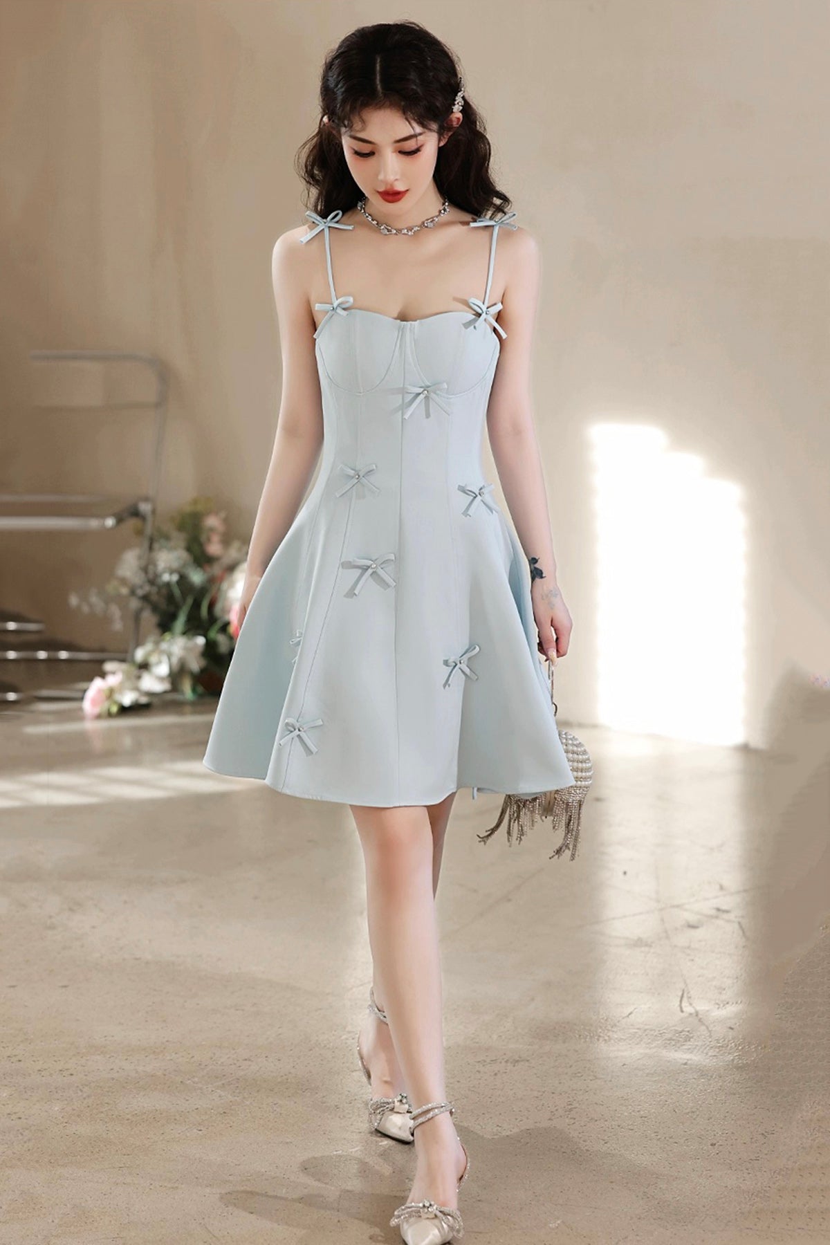 Light Blue Spaghetti Strap Short Prom Dress, Lovely A-Line Evening Par