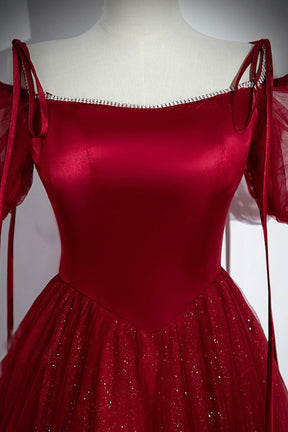 Burgundy Satin and Shiny Tulle Floor Length Prom Dress, A-Line Formal Evening Dress