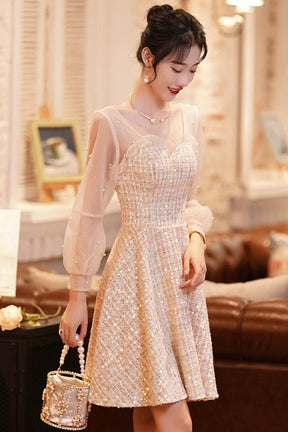 Champagne Long Sleeve Party Dress, Beautiful Knee/Tea Length Prom Dress