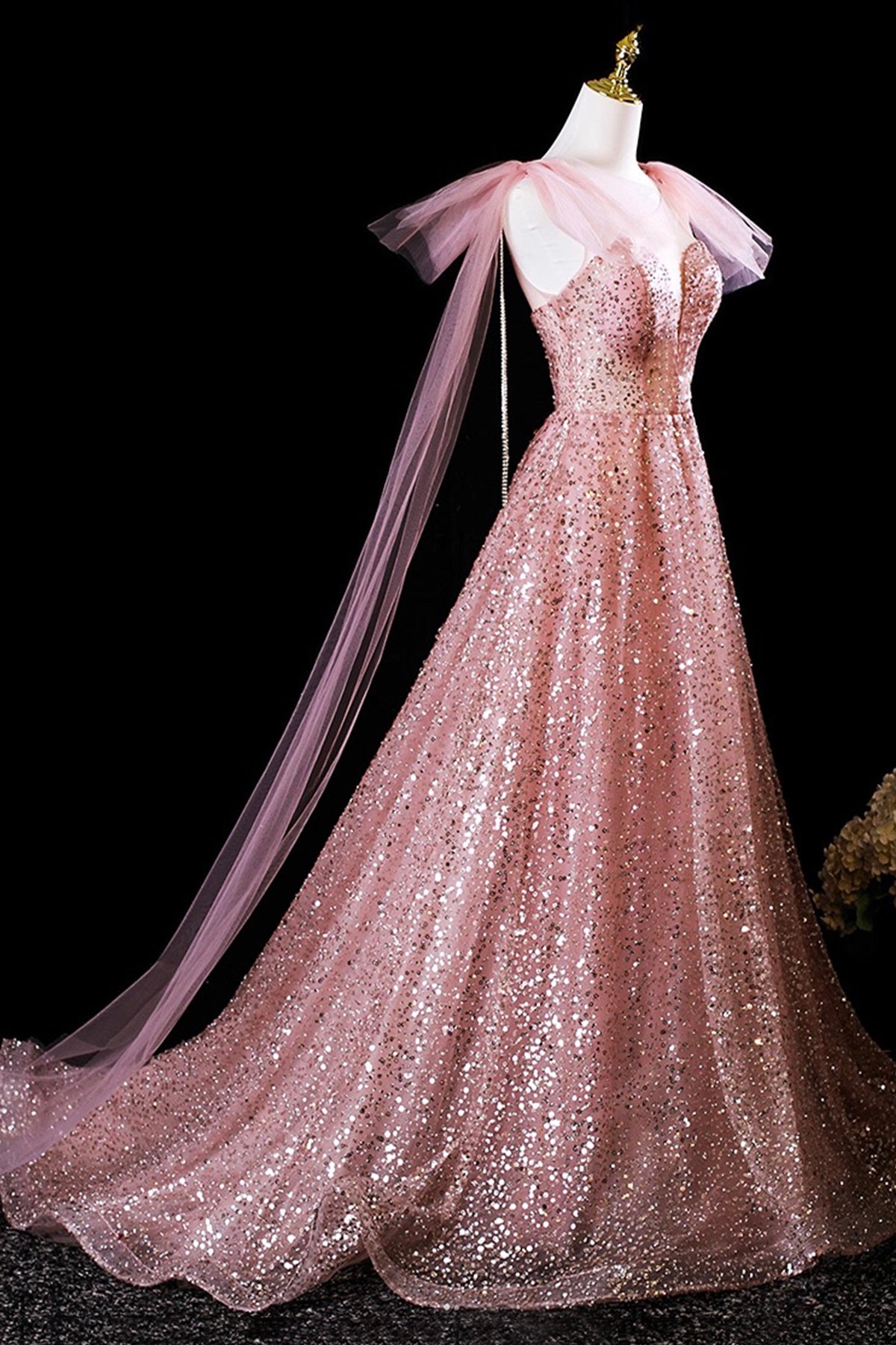 Pink Tulle Sequins Long Prom Dress, Shiny A-Line Evening Formal Dress
