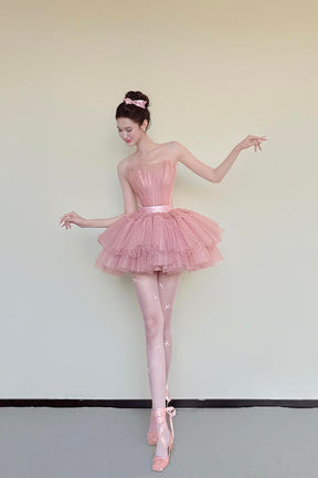 Lovely Pink Tulle Short/Mini Prom Dress, A-Line Strapless Party Homecoming Dress