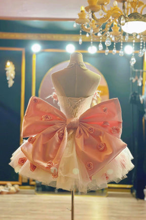 Pink Rose Tulle Short Party Dress, Oversized Bow Enchanted Ball Gown
