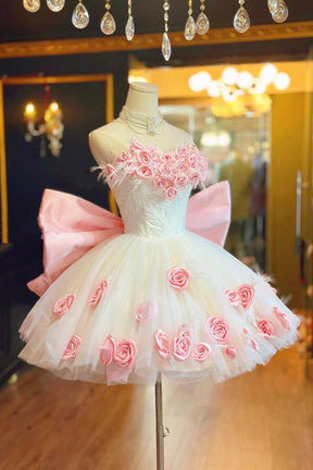 Pink Rose Tulle Short Party Dress, Oversized Bow Enchanted Ball Gown