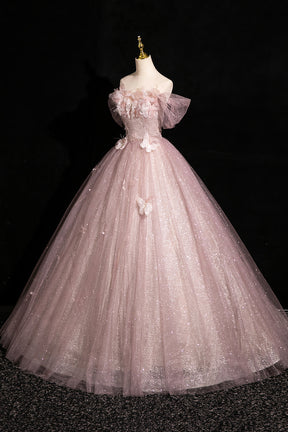 Dusty Pink Shiny Tulle Floor Length Prom Dress, Pink Off the Shoulder Evening Party Dress