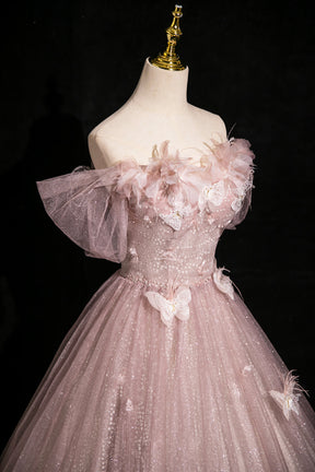 Dusty Pink Shiny Tulle Floor Length Prom Dress, Pink Off the Shoulder Evening Party Dress