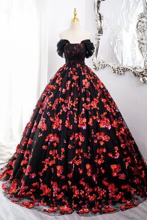 Black Tulle and Red Sequins Long Formal Dress, Off the Shoulder Evening Dress