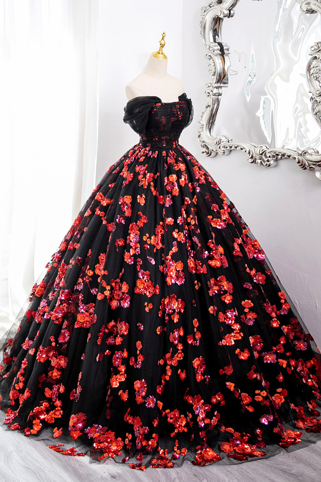 Black Tulle and Red Sequins Long Formal Dress, Off the Shoulder Evening Dress