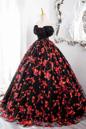 Black Tulle and Red Sequins Long Formal Dress, Off the Shoulder Evening Dress