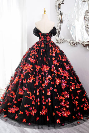 Black Tulle and Red Sequins Long Formal Dress, Off the Shoulder Evening Dress