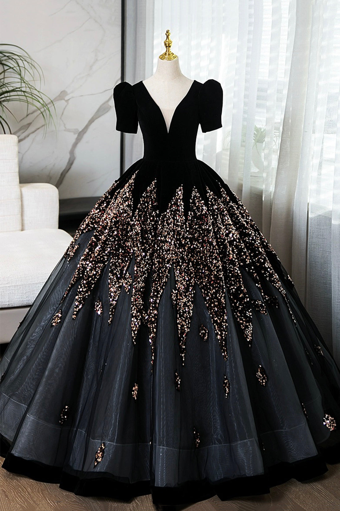 Elegant V-Neck Velvet and Sequins Floor Length Prom Dress, Black Short Sleeve Formal Dress