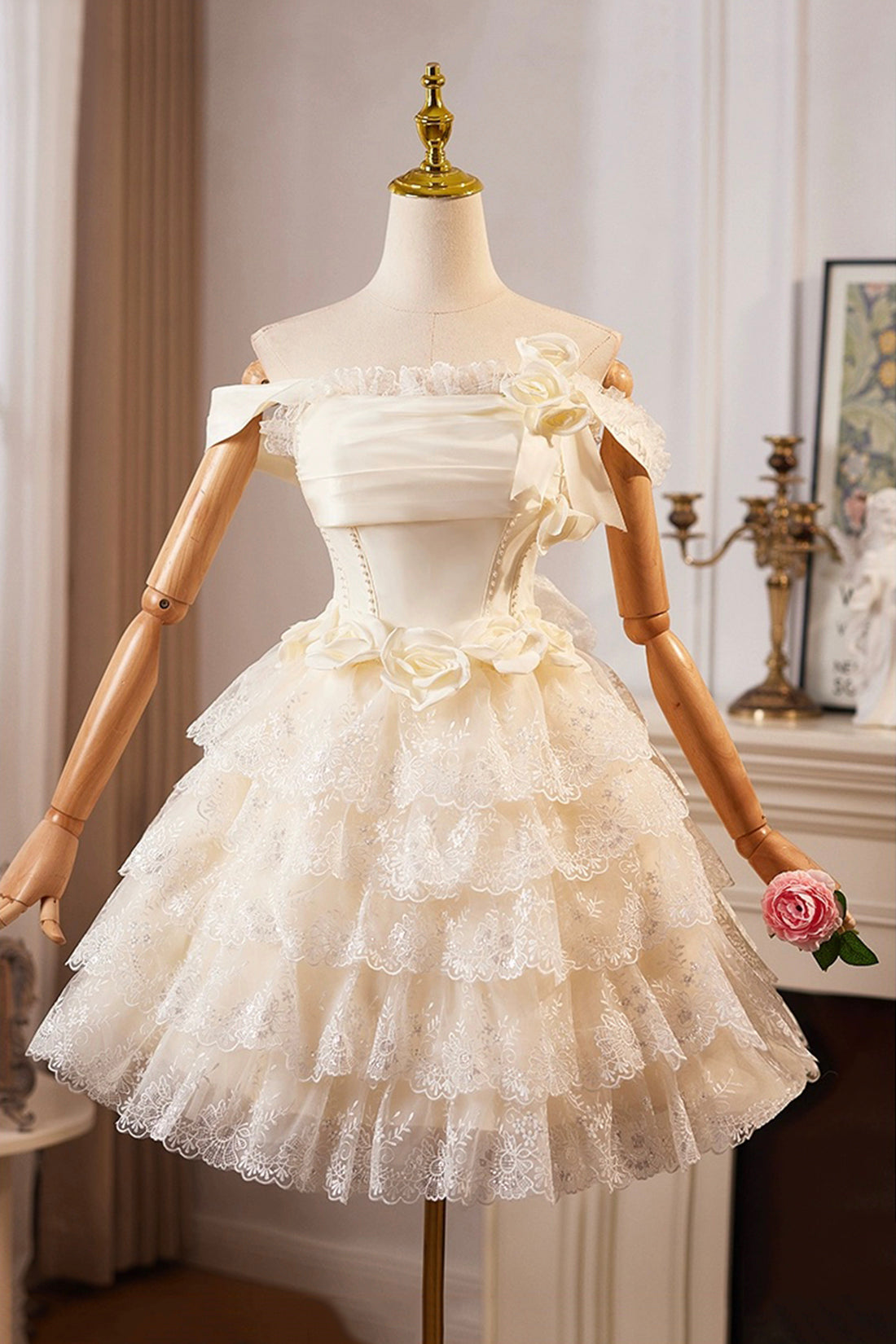 Champagne Tulle Lace Short Prom Dress Homecoming Dress, Lovely A-Line Party Dress