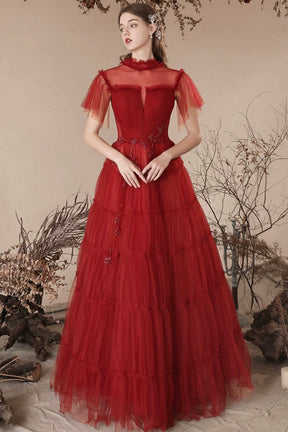 Lovely Tulle Beaded Floor Length Prom Dress, Beautiful Dark Red A-Line Evening Dress