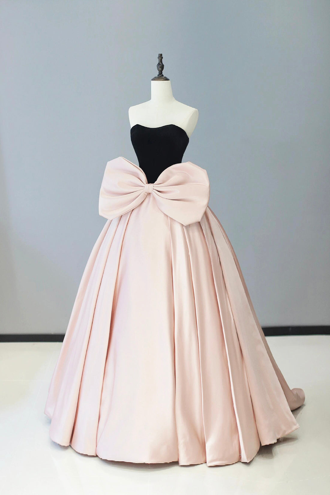 Black Velvet and Pink Satin Floor Length Prom Dress, Beautiful Strapless Evening Party Dress