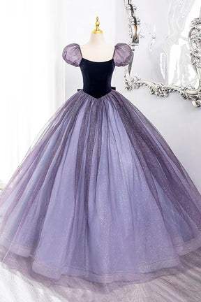 Purple Scoop Velvet and Tulle Long A-Line Prom Dress, Lovely Short Sleeve Evening Dress