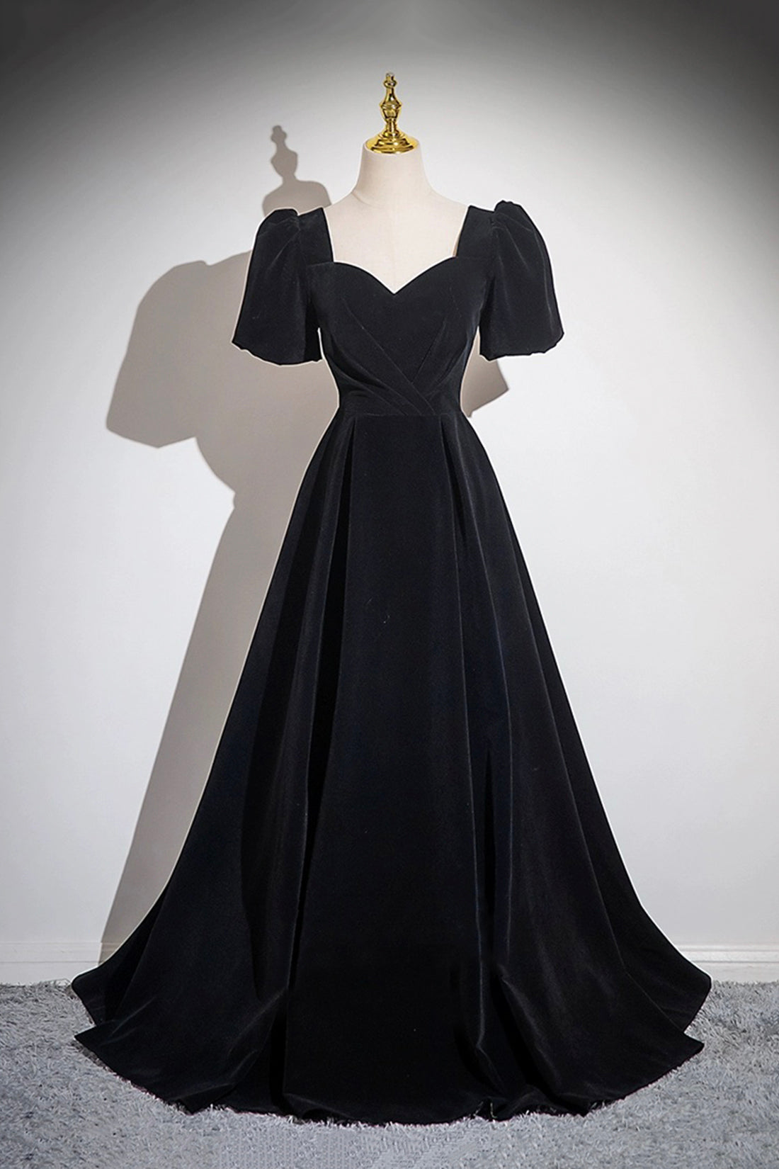 Black Velvet Floor Length Prom Dress, A-Line Short Sleeve Evening Party Dress