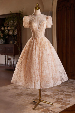 Beautiful Tulle Flower Tea Length Prom Dress, Off the Shoulder Short Sleeve Evening Party Dress