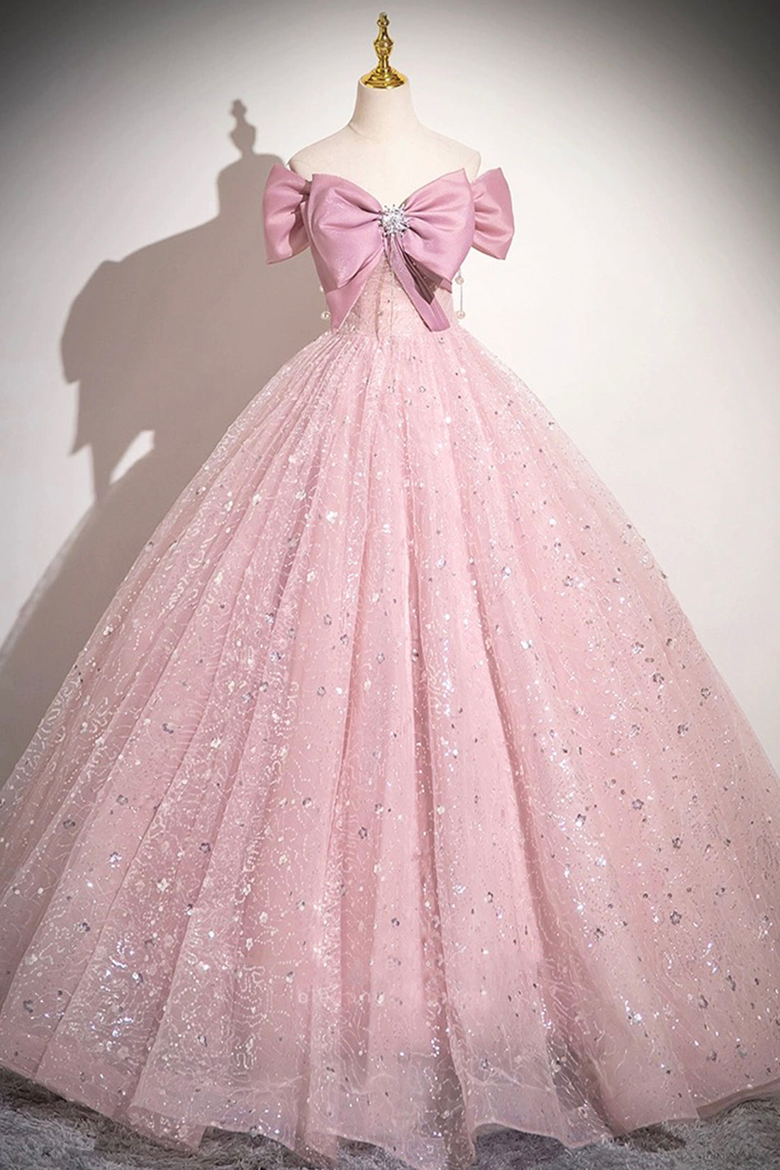 Pink Tulle Sequins Long A-Line Prom Dress, Pink Off Shoulder Evening Dress