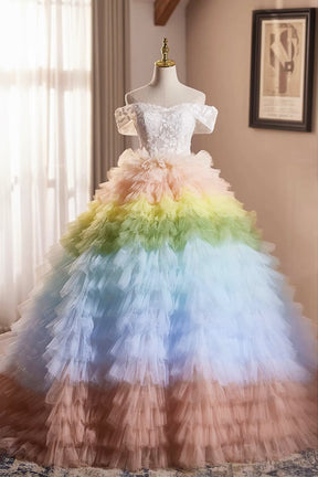 Pretty Colorful Tulle Long Prom Dress, Off the Shoulder Lace Formal Dress