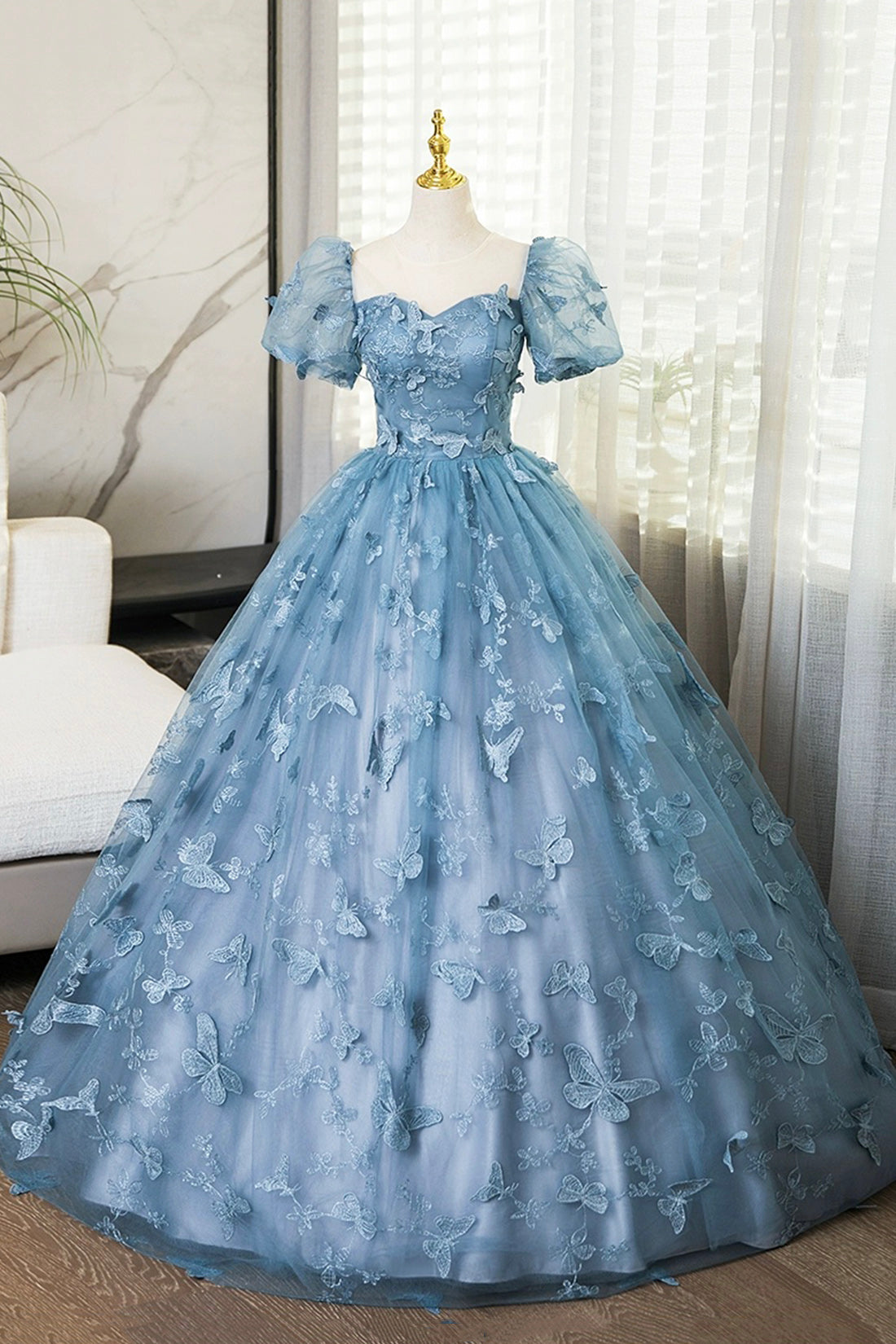 Blue Tulle Long A-Line Prom Dress with Butterfly Lace, Beautiful Short Sleeve Evening Dress