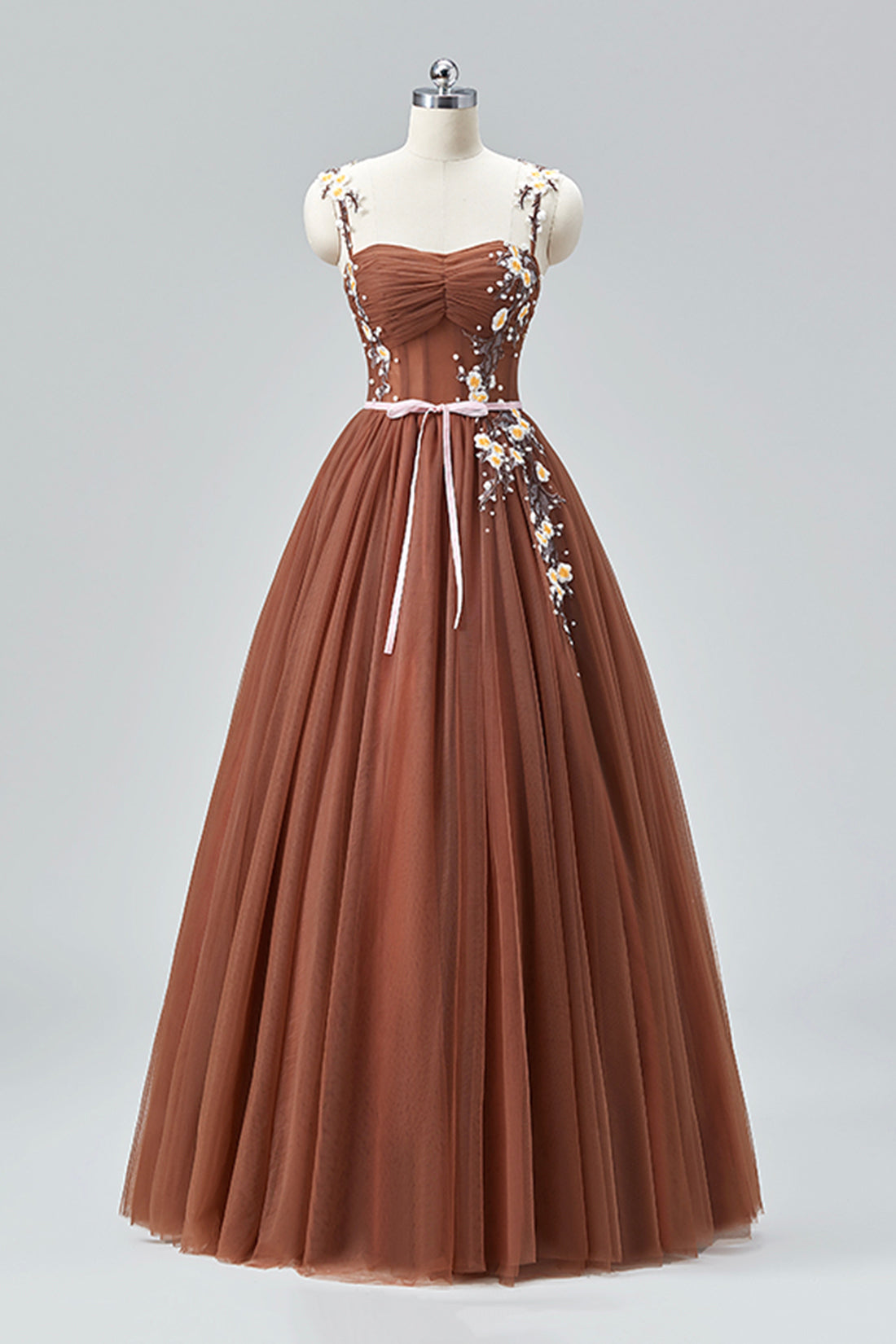 Brown Tulle Lace Long Prom Dress, Beautiful A-Line Spaghetti Strap Evening Party Dress