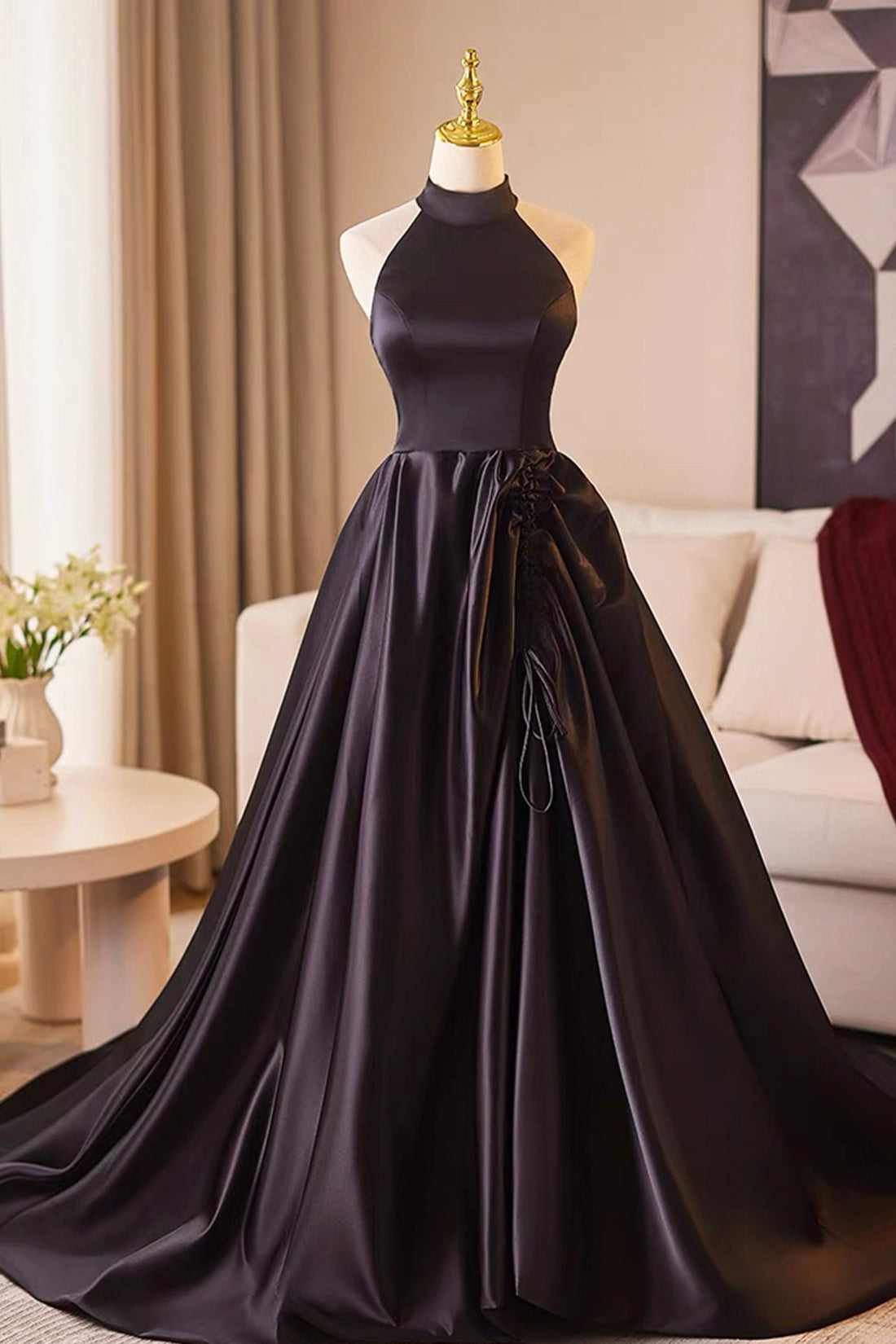 Black Halter Satin Long Prom Dress, Elegant A-Line Backless Party Dress