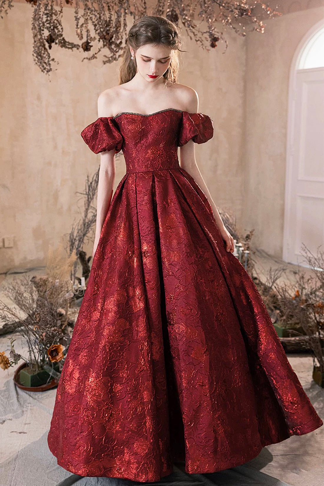 Burgundy Printed Floor Length Prom Dress, A-Line Off the Shoulder Formal Evening Dress