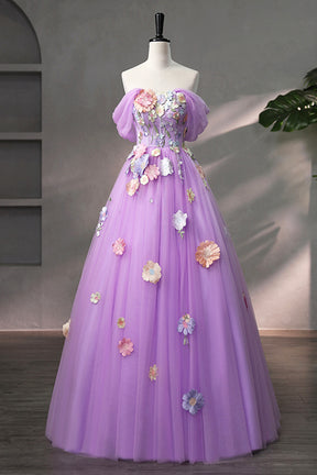 Purple Tulle Lace Long Prom Dress with Lace, Beautiful Off the Shoulder Evening Dress