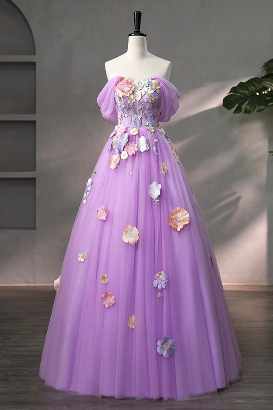 Purple tulle lace long prom dress A line evening gown ,DS4511 main image 0