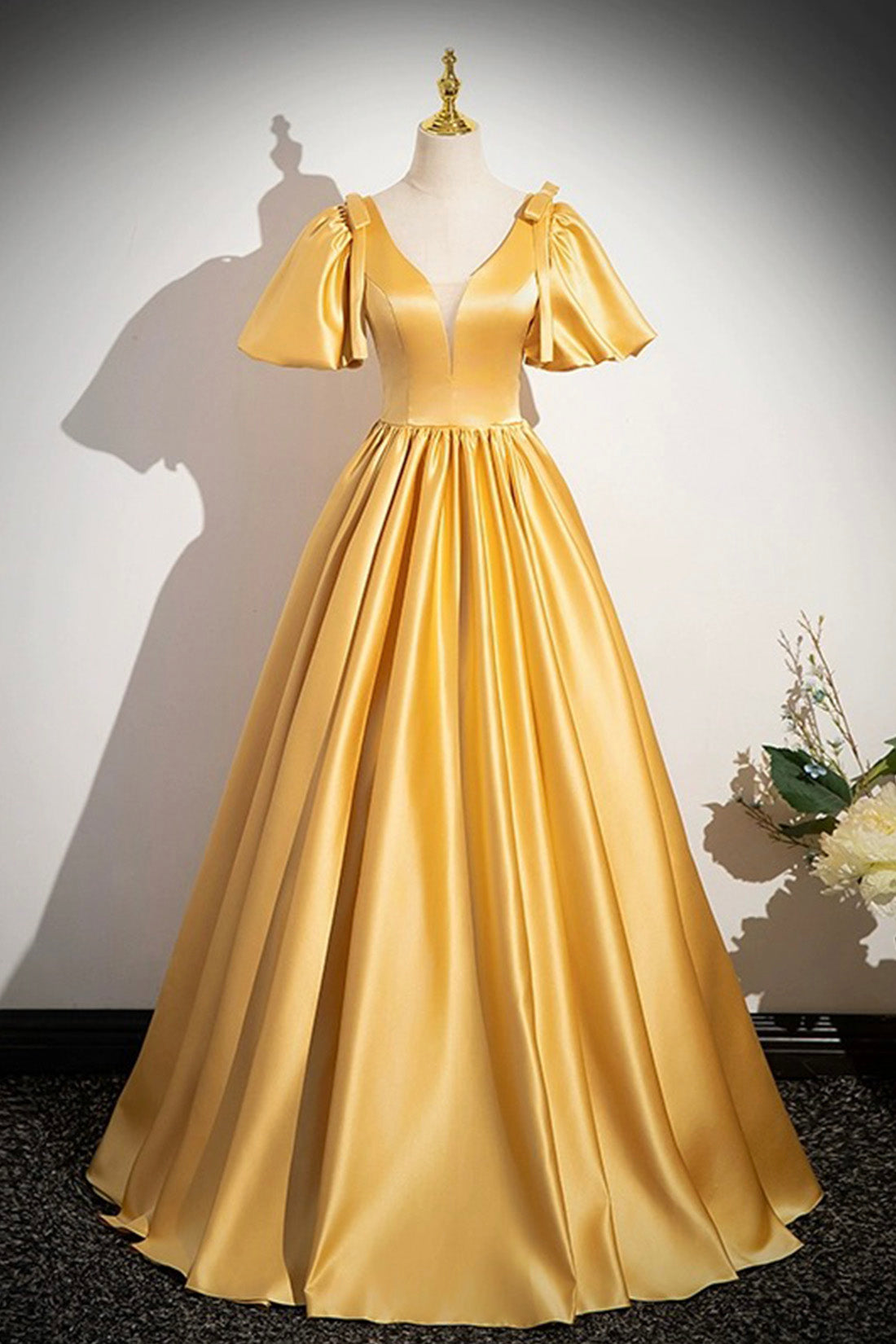 Yellow V-Neck Satin Long Prom Dress, Yellow A-Line Short Sleeve Evening Dress