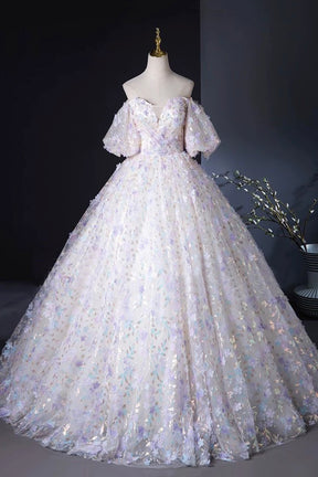 Beautiful Floral Tulle Pearl Sequins Prom Dress, A-Line Puffy Short Sleeve Evening Party Dress