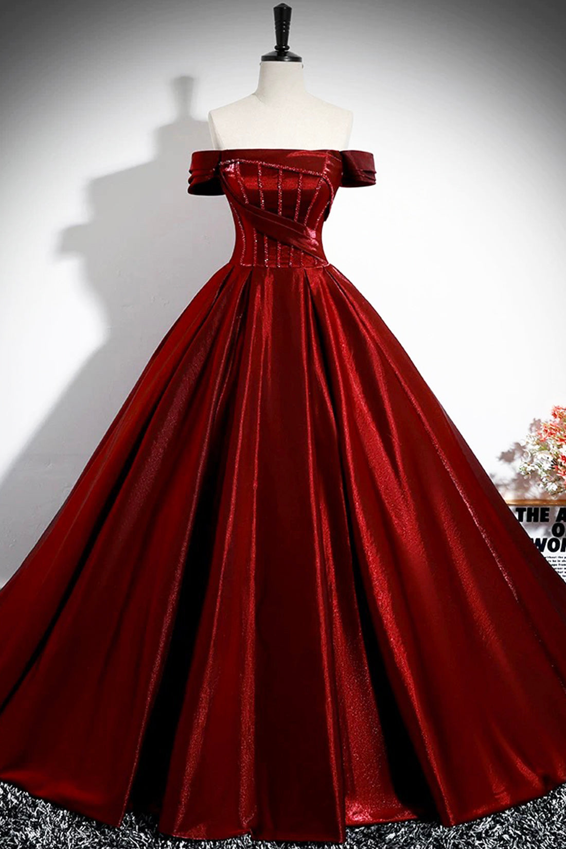 Burgundy Satin Floor Length Formal Gown, Elegant Off the Shoulder Party Dress