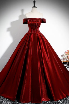 Burgundy Satin Floor Length Formal Gown, Elegant Off the Shoulder Party Dress