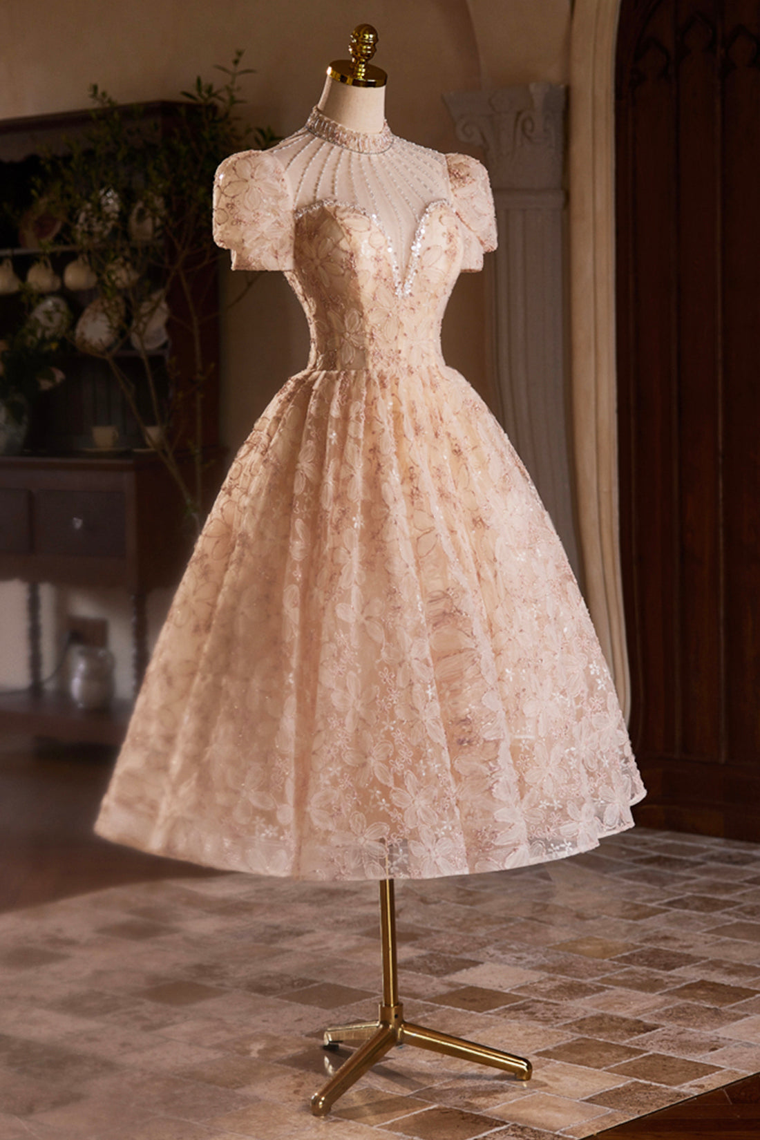 Beautiful Tulle Flower Tea Length Prom Dress, Off the Shoulder Short S Beautiful Tulle Flower Tea Length Prom Dress, Off the Shoulder Short S