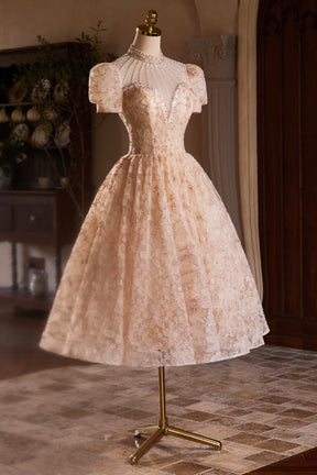 Beautiful Tulle Flower Tea Length Prom Dress, Off the Shoulder Short Sleeve Evening Party Dress