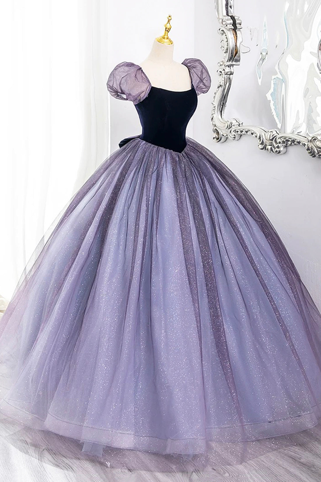 Purple Scoop Velvet and Tulle Long A-Line Prom Dress, Lovely Short Sleeve Evening Dress