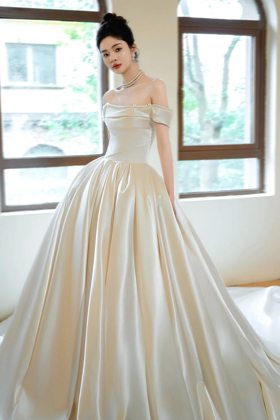 Champagne Silk Formal Dresses Off The Shoulder Floor Length Stretch Satin Formal Dress With Pockets