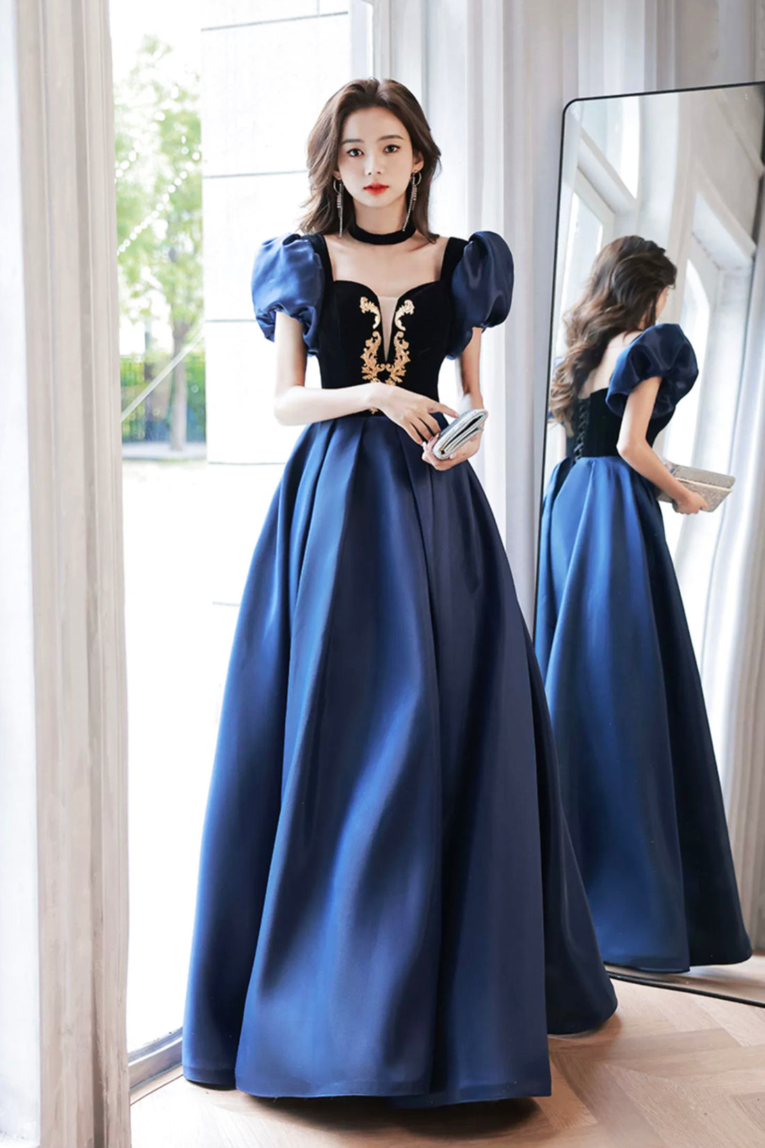 Blue Velvet and Satin Floor Length Prom Dress, Elegant Short Sleeve Evening Party Dress