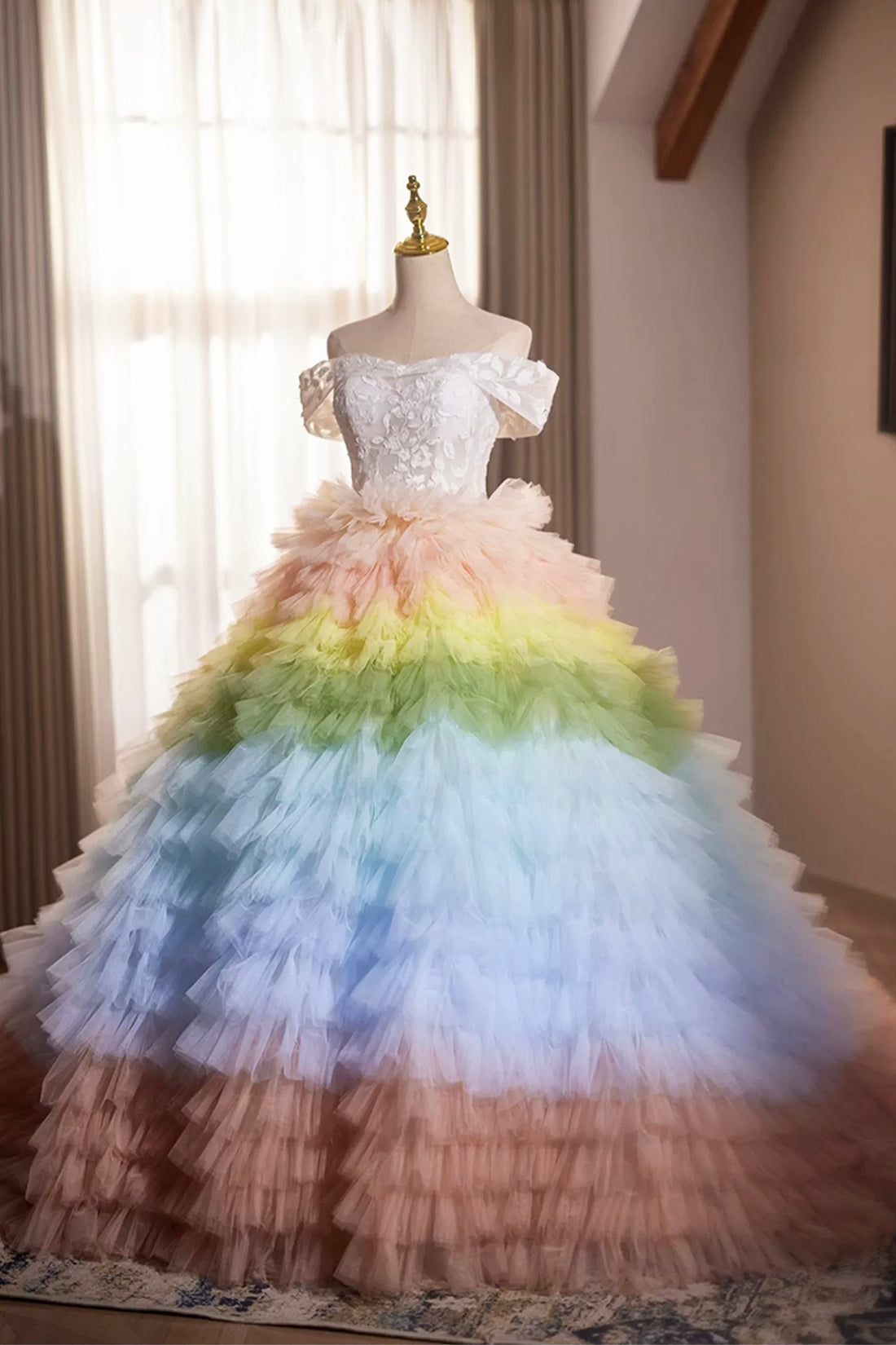 Pretty Colorful Tulle Long Prom Dress, Off the Shoulder Lace Formal Dress