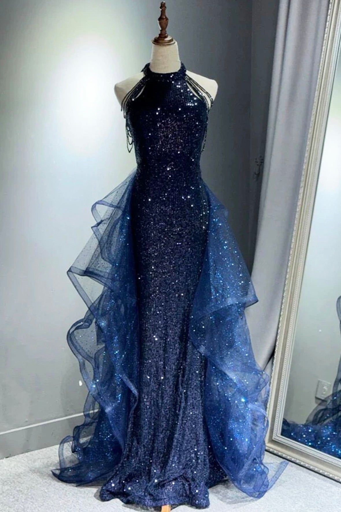 Navy Shiny Tulle Long Party Dress with Beaded, Navy Evening Party Dres Navy Shiny Tulle Long Party Dress with Beaded, Navy Evening Party Dres