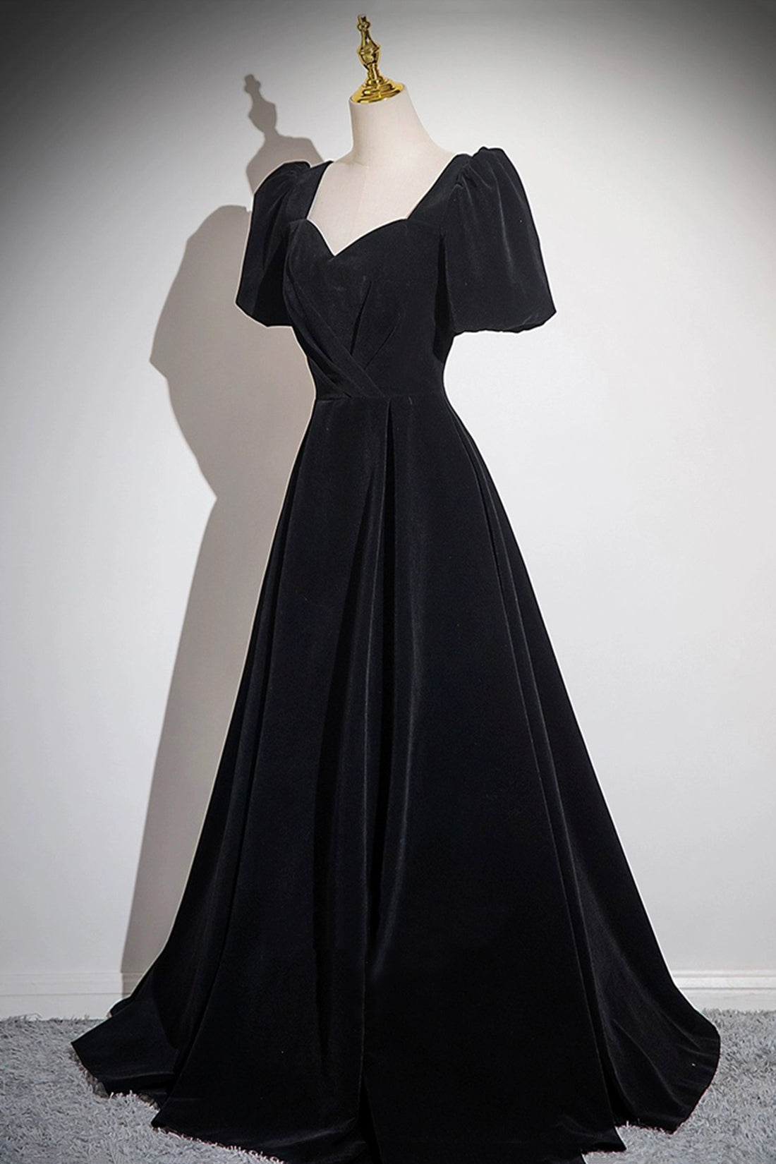 Black Velvet Floor Length Prom Dress, A-Line Short Sleeve Evening Party Dress