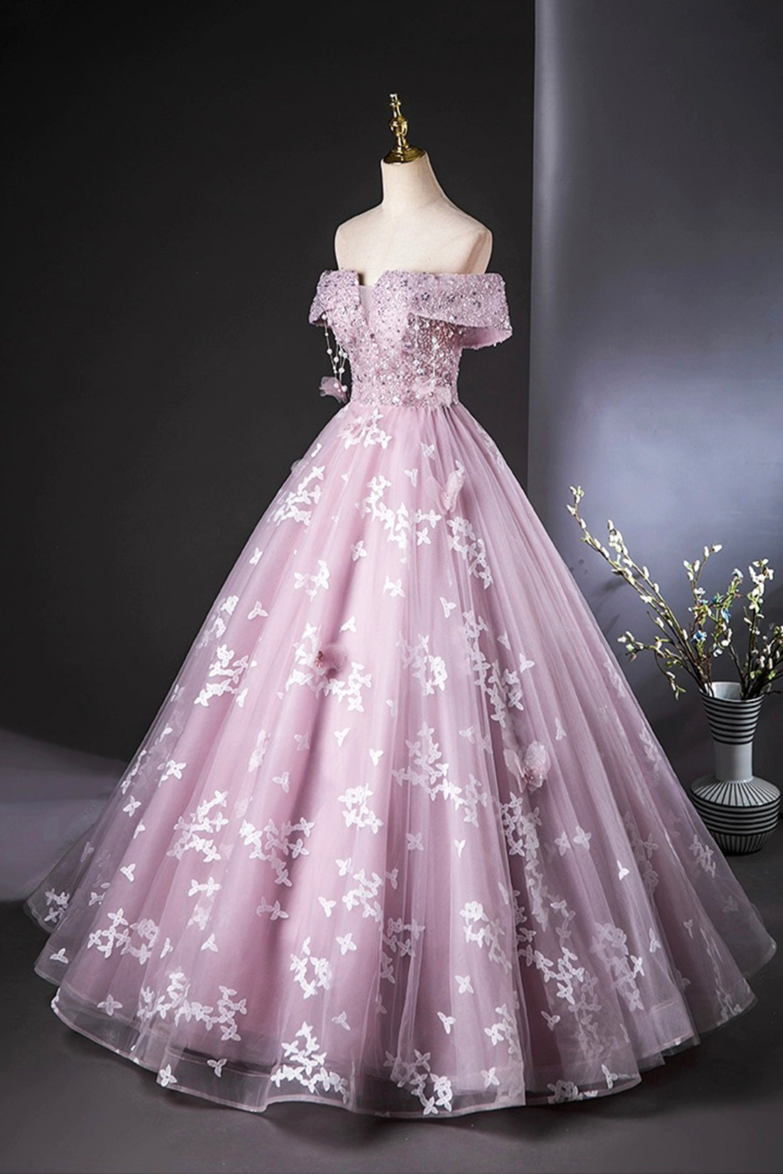 Purple Tulle Lace Long Formal Dress, Lovely A-Line Off the Shoulder Evening Party Dress