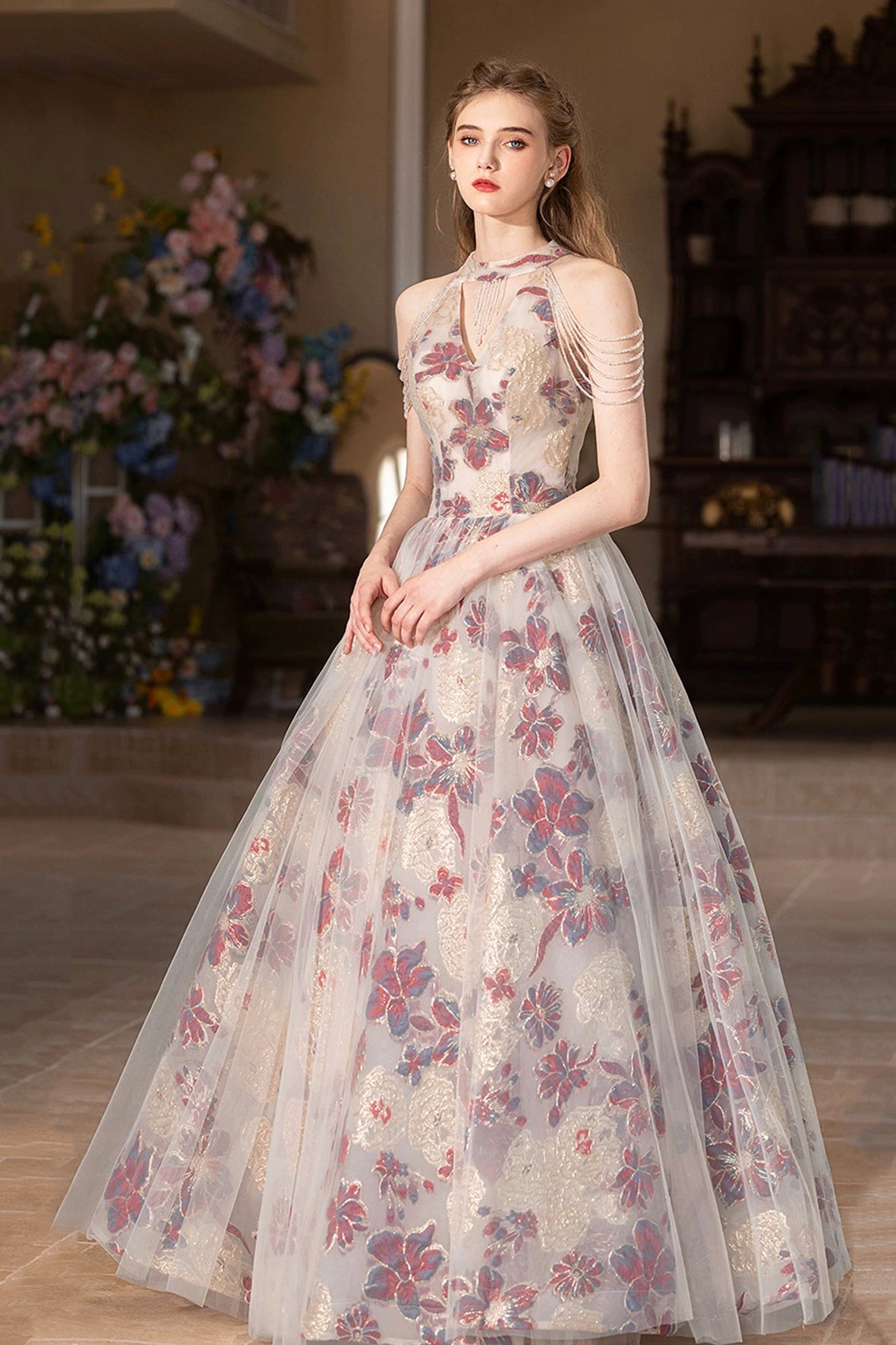 Beautiful Floral Tulle Long Prom Dress, A-Line Halter Evening Party Dress