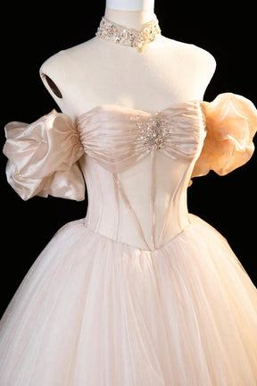 Sweet Champagne Tulle Corset Long Prom Dress, Off the Shoulder Evening Party Dress