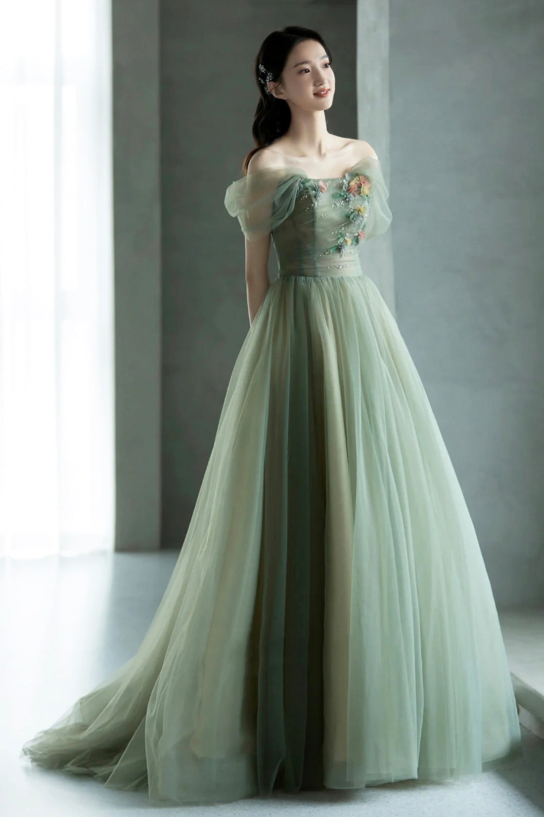 Beautiful Tulle Flowers Long Prom Dress, Green A-Line Formal Evening Dress