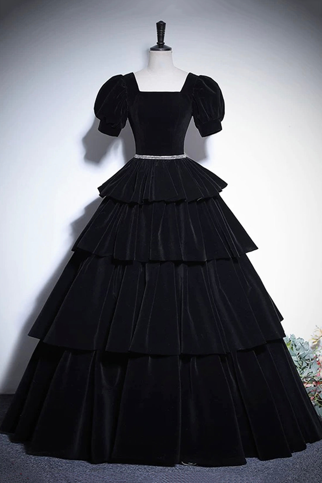 Black Velvet Floor Length Prom Dress, Elegant Short Sleeve Evening Party Dress