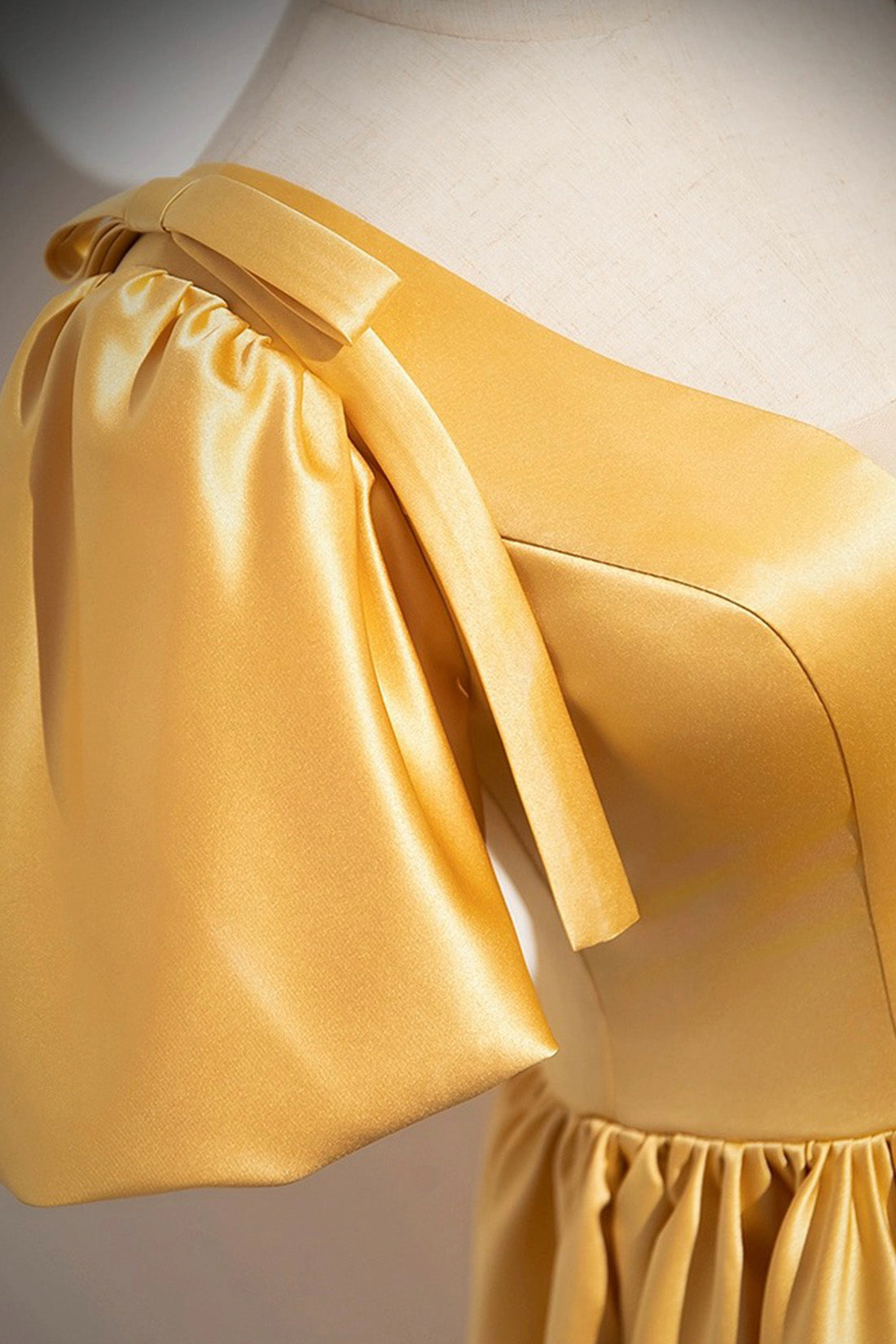 yellow silk dress short Yellow V-Neck Satin Long Prom Dress, Yellow A-Line Short Sleeve Evenin