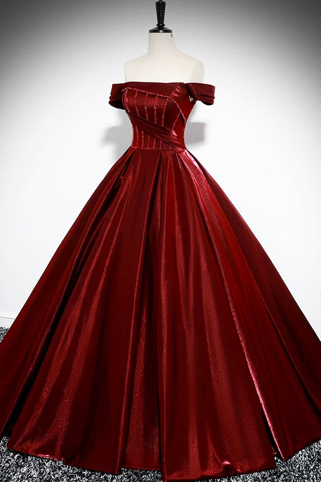 Burgundy Satin Floor Length Formal Gown, Elegant Off the Shoulder Party Dress