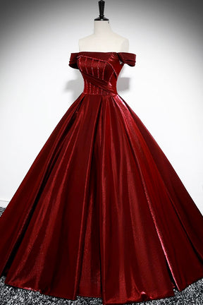 Burgundy Satin Floor Length Formal Gown, Elegant Off the Shoulder Party Dress